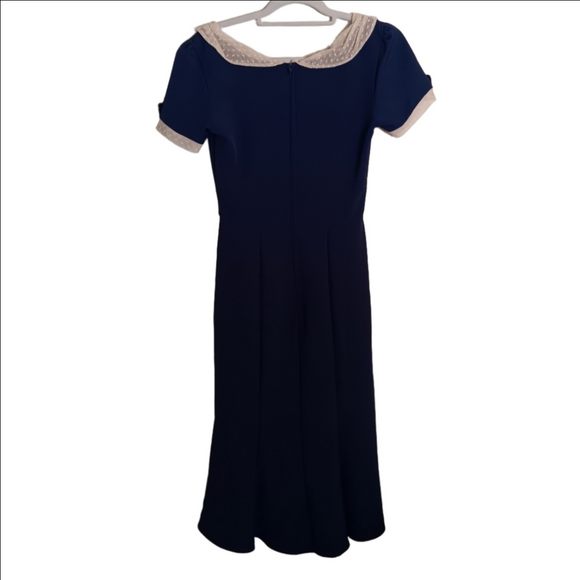 Stop Staring Raileen Navy & Cream 1940s Style Midi Dress Form Fitting Cap Sleeve - Picture 12 of 12